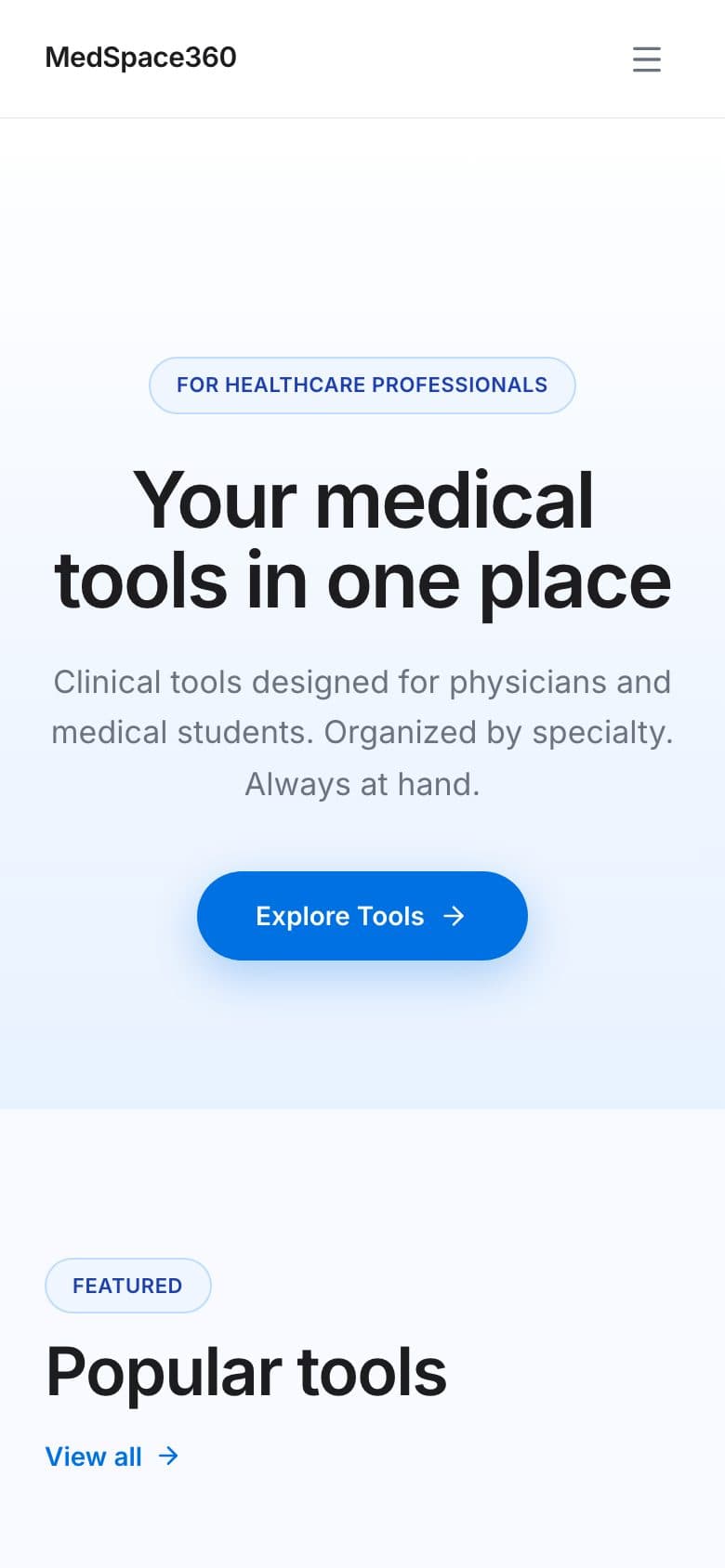 Mobile view of the MedSpace360 website